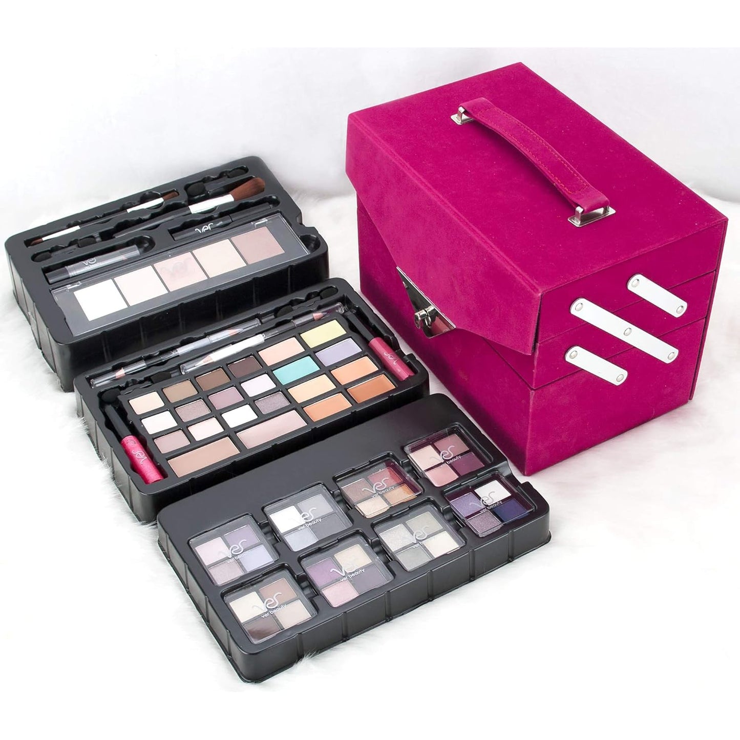 72pcs Makeup Gift Set Kit Train Case With Extendable Trays (eyeshadow, Blushes, Lipstick & More) - Vmk1504
