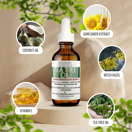 Advanced Clinicals Vegan Tea Tree Oil For Skin | Acne Patch Vegan Facial Serum | Targets Redness, Bumps, Breakouts, & Acne Scars | Organic Pure Tea Tree Oil For Face W/Vitamin E & Witch Hazel, 2pc