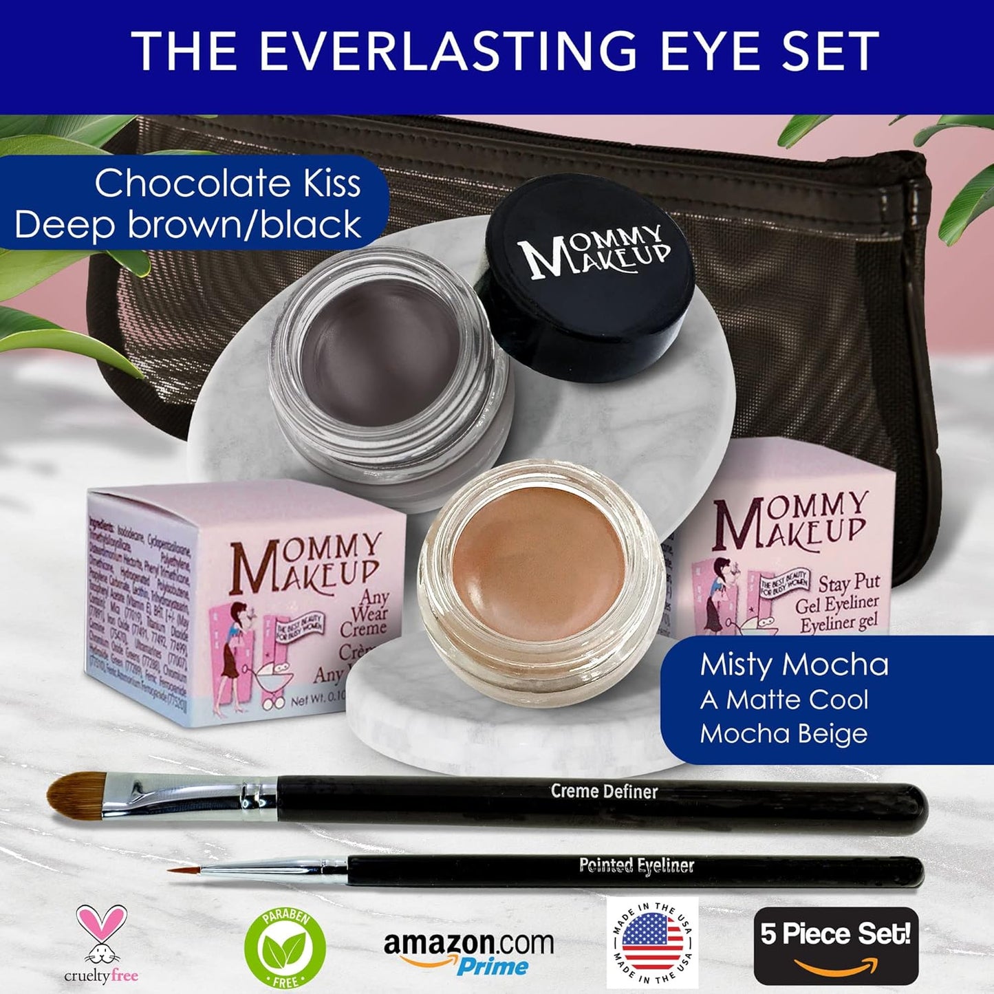 The Everlasting Eye 5 Piece Waterproof Makeup Set. Gel Eyeliner, Creme Eyeshadow, 2 brushes and Mesh Bag. Paraben-free, Talc-free, Cruelty-free. Misty Mocha/Chocolate Kiss 1802