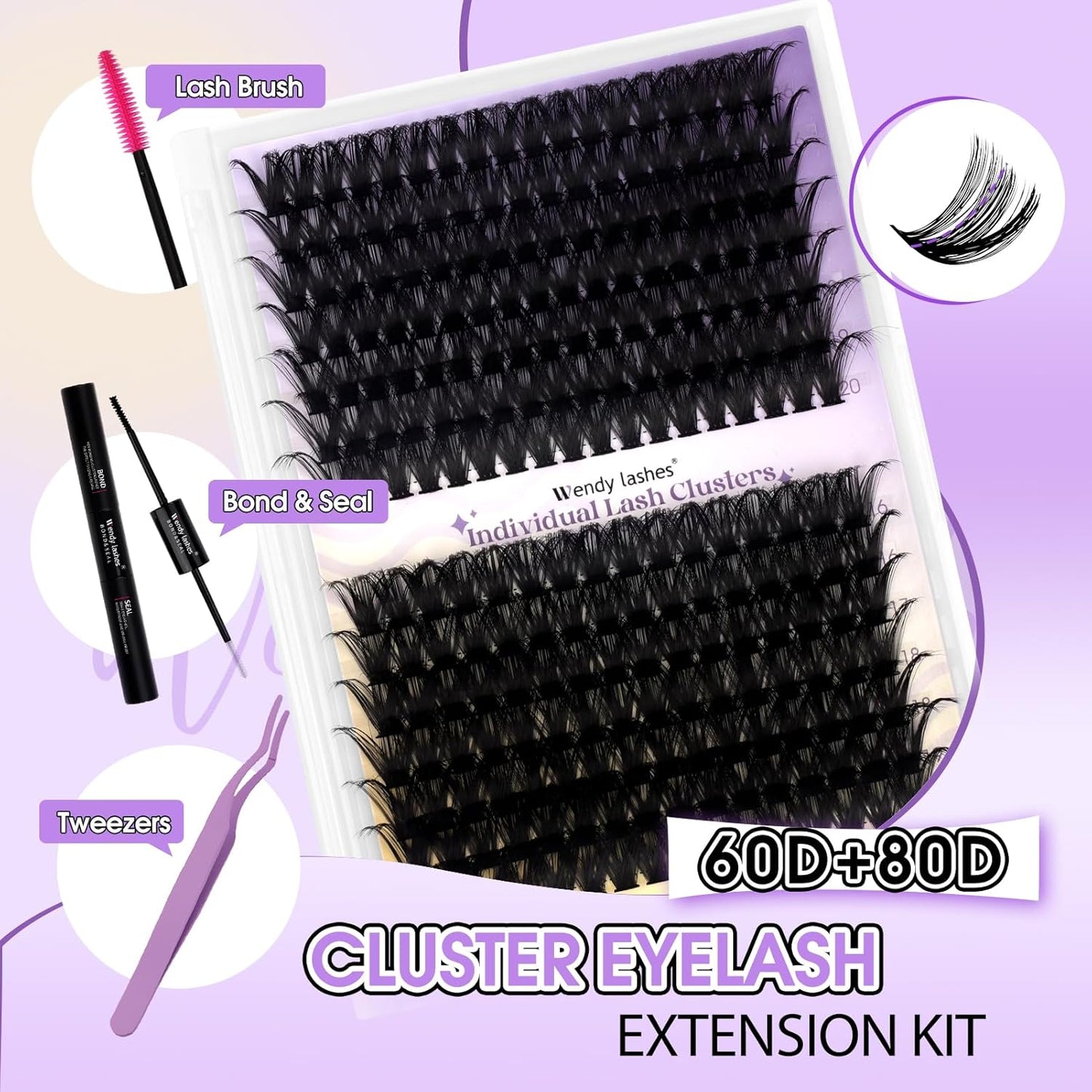 Lash Clusters Kit for Using at Home: Ultra-light, DIY, Natural, Fluffy, Wispy, Waterproof, Anime, Manga, Cat Eye, C Curl, 16-20mm, 60P+80P, Wendy, RT318