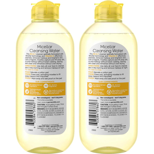 Garnier Micellar Water with Vitamin C, Facial Cleanser & Makeup Remover, Brightening & Hydrating, For All Skin Types, Vegan, Cruelty Free, 13.5 Fl Oz (400mL), 2 Count