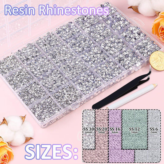 30000Pcs Resin Rhinestones for Bedazzling, Silver Clear Flatback Gems for Diamond Art, Crystal Bedazzler Kit with 3Pcs 10ml B7000 Jewelry Glue for Crafting Clothing Book Shoes Nail Art