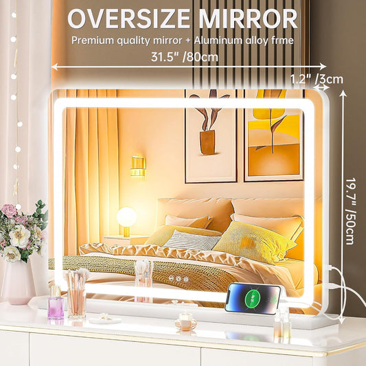 Hasipu Vanity Mirror with Lights, 31.5" x 20" LED Makeup Mirror, Lighted Makeup Mirror with Dimmable 3 Modes, Touch Screen Control Vanity Mirror Round White