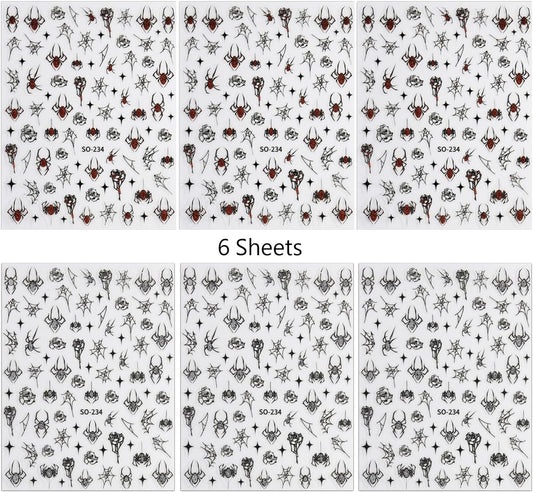 6Sheets Halloween Nail Art Stickers Decals, 3D Spider Nail Sticker Halloween Nail Decoration Self-Adhesive Black Red Silver Glitter Star Spider Web for Nails Stickers DIY Manicure Art Decoration