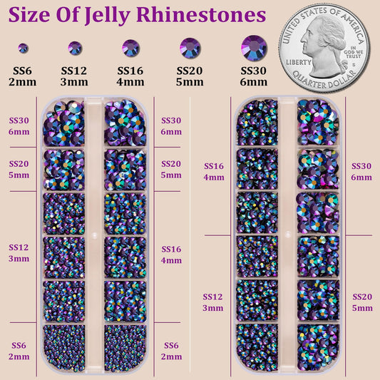 Resin Jelly Rhinestones for Crafting with B7000 Jewelry Glue, 2 Boxes Purplish Black AB Flatback Crystals with 3Pcs 10ml Glue, Bedazzling Non Hotfix Gems for DIY Tumblers Clothing Shoes Manicure