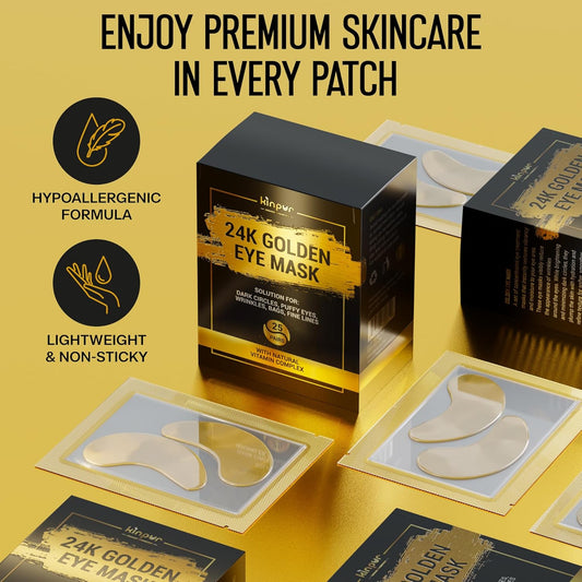 Under Eye Patches - 60pcs Gold Eye Patches for Puffy Eyes, Dark Circles, Eye Bags - Collagen Under Eye Mask with Vitamins (24k Golden 25 Pairs (Pack of 1))