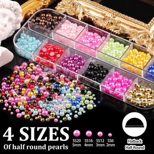 Rhinestones for Nails & Pearls, Manicure Kit with Nail Rhinestone Glue Gel, Flat Back Glass Crystal AB + Clear Gems, Colorful Half Round Pearls, Gem Glue (UV/LED Needed) with Dotting Tools