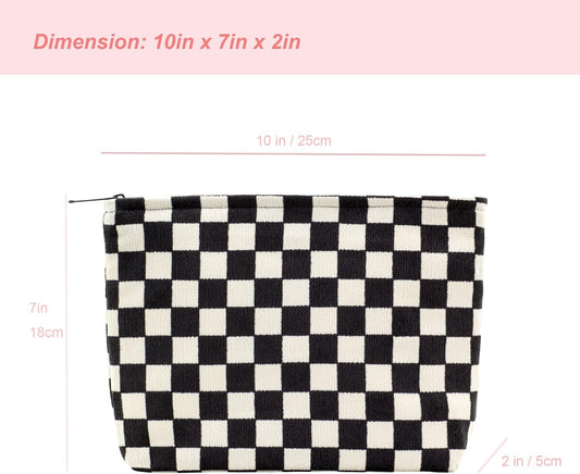 PAZIMIIK Makeup Bag Large Zipper Corduroy Make Up Pouch for Purse Travel Canvas Cosmetic Organizer for Women Brush Storage,Checkered Black