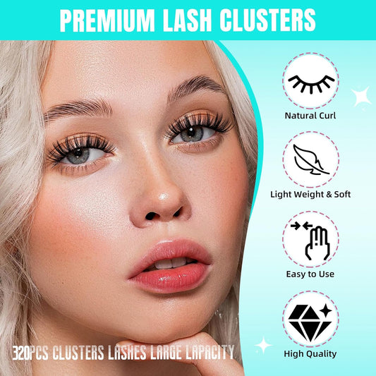 Lash Clusters Wispy 320PCS Eyelash Extension 40D 50D Cluster Lashes Individual Lashes DIY Lash Extension Natural Look Cluster Eyelash Extensions Soft False Eyelashes at Home for Beginners(D-14mm)