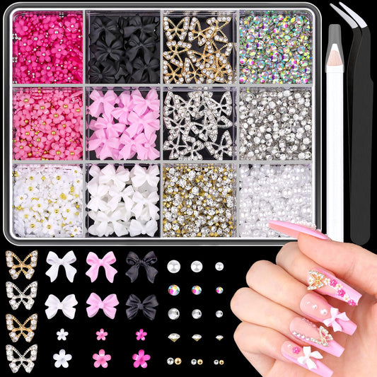 3D Nail Charms and Gems Set 9, 20PCS Chunky Butterfly Charms + 60PCS Coquette Nail Bows in 2 Styles + 3D Flowers for Nails with Rhinestones, Pearls, Diamonds, and Picker Tools for Y2K Nail Decor