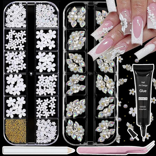 Nail Art Charms with Rhinestones Glue Gel White Flatback Pearls Luxurious Nail Charms Supplies Accessories Gold Steel Ball Nails Gems Jewelry Pearls for Women Nails Design