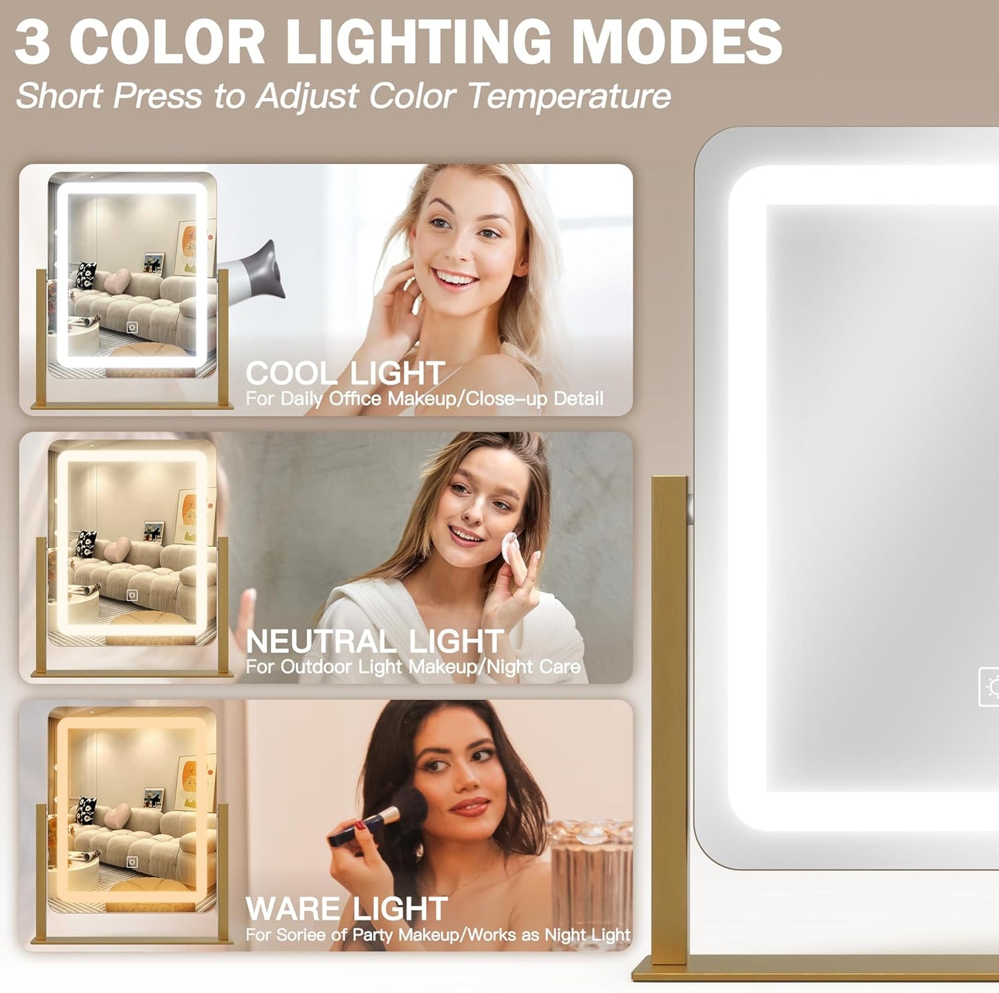 Vanity Mirror with Lights, 12.6"×15" LED Makeup Mirror, Lighted Makeup Mirror with Lights, Smart Touch Control Dimmable 3 Modes Light, Lighted Up Mirror for Makeup Desk, Gold