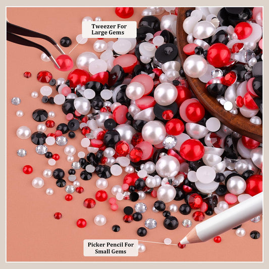 80g Flatback Pearls and Rhinestones for Crafting, Red White Black 3-10mm Resin Rhinestones and Half Pearls for Bedazzling, Nail Art and Dec with 3pcs 10ml B7000 Jewelry Glue, Tweezer and Pickup Pencil