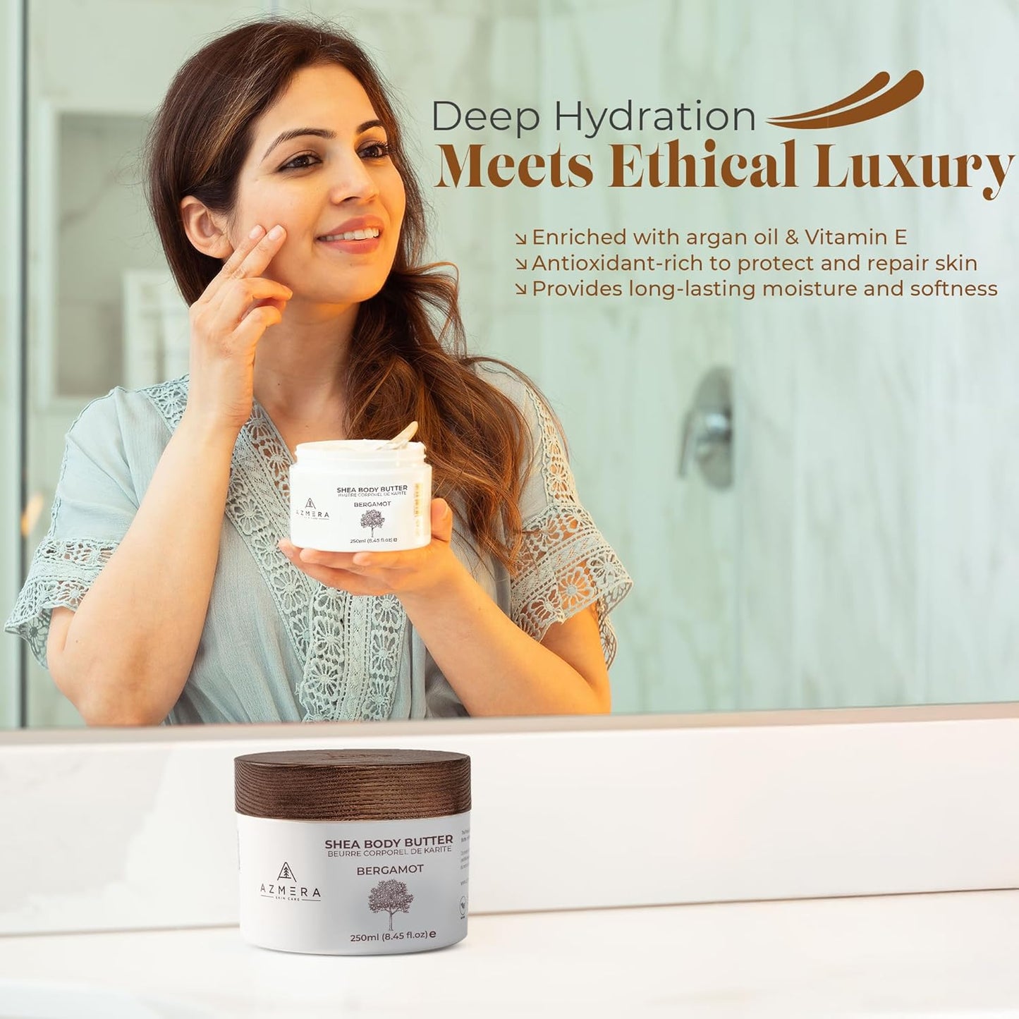 AZMERA Handcrafted Whipped Shea Body Butter – Luxurious Moisturizer for Dry, Sensitive Skin with Bergamot, Argan Oil & Vitamin E – Vegan, Non-Greasy Skincare – 8.82 oz