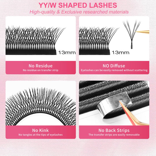 Lash Extensions Double Tips 4D Eyelash Extensions W Shape 0.07mm Thickness D Curl 14mm Premade Fans Easy Fan Volume Lashes Matte Black Crisscross(W-4D-Double Tips-0.07-D,14mm)