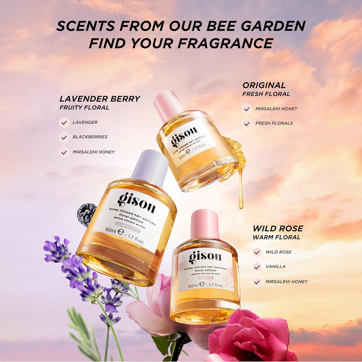 Gisou Honey Infused Hair Perfume Floral Edition - Lavender Berry, A Warm and Luxurious Fragrance with an Earthy and Indulgent Scent, Nourishing and Hydrating Hair Shine Spray (1.7 fl oz)