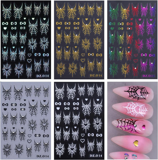 5D Halloween Heart Spider Web Nail Art Stickers - White, Black, Rainbow, Gold, Laser Silver Nail Decals with Rhinestone Accents, Self-Adhesive Nail Adhesive Sliders for Women Art Decorations 5 Sheets