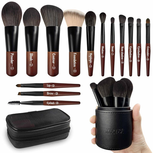 Jilier Travel Makeup Brush Set, 14 pcs Mini Makeup Brushes for Foundation, Powder, Eyeshadow, Highlight, Contour, Blush & Concealer, Small Makeup Brush Set Purse Size with Case