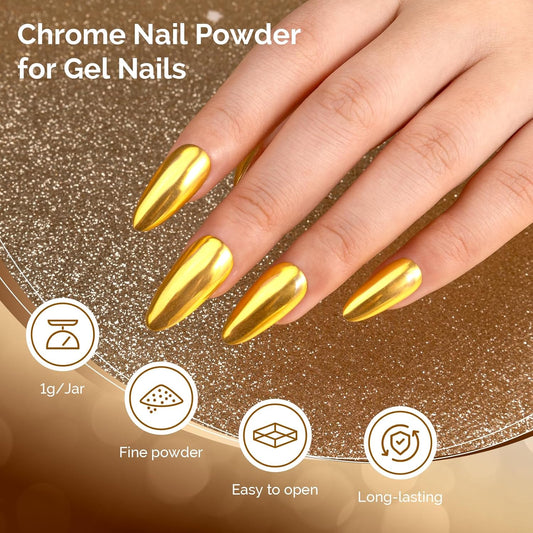 MelodySusie Gold Chrome Nail Powder for Gel Nails,Metallic Mirror Effect Pigment Stylish and Technological Fine Glitter for Home DIY Salon Use