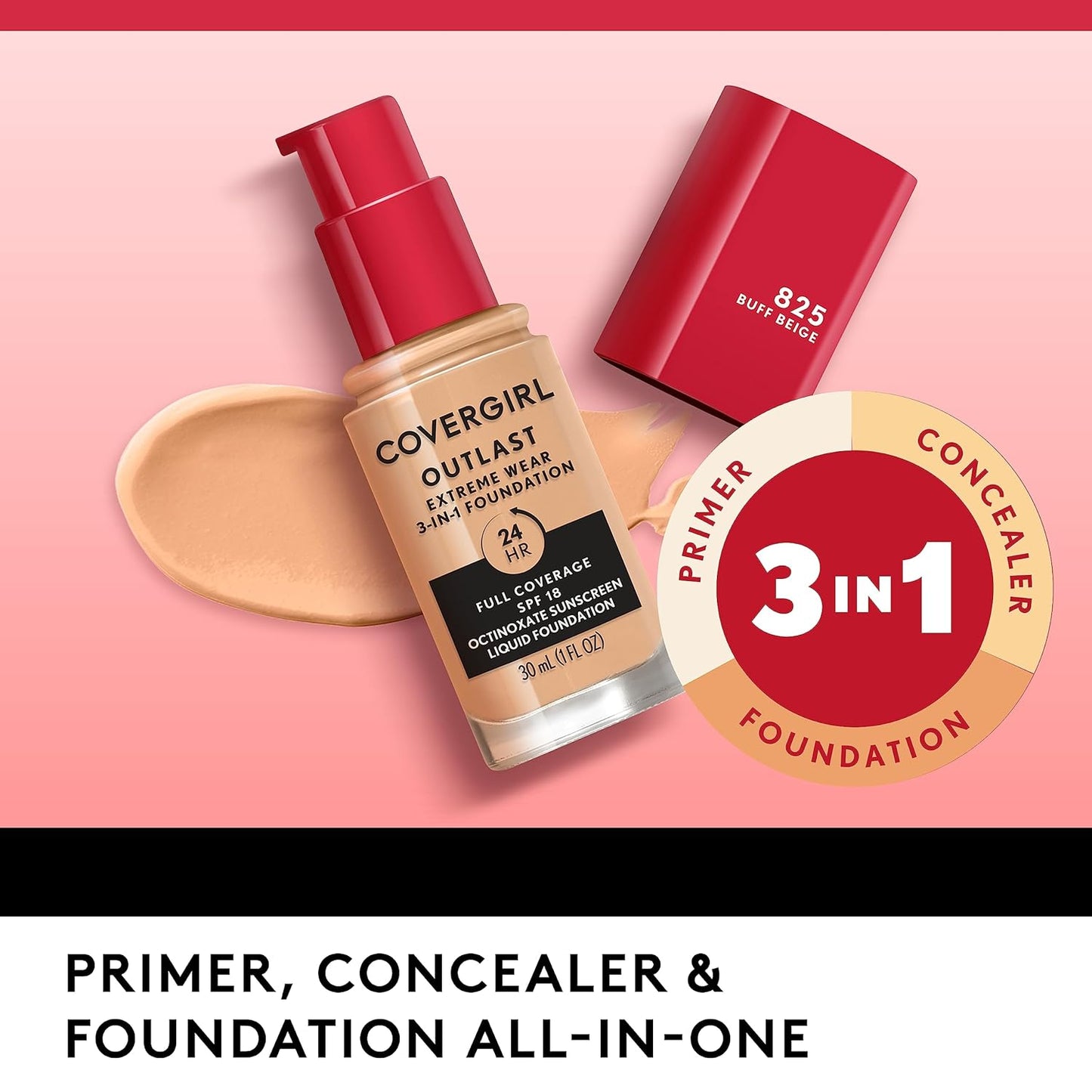 Covergirl Outlast Extreme Wear 3-in-1 Full Coverage Liquid Foundation, SPF 18 Sunscreen, Caramel Beige, 1 Fl. Oz.