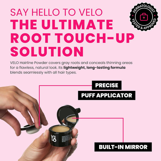 VELO Hairline Powder–BLONDE Hair Root Touch Up Powder for Women & Men–Instantly Covers Gray Hair, Thinning Hair & Bald Spots–Sweatproof Root Cover Up–Puff & Mirror Compact, 13 Shades