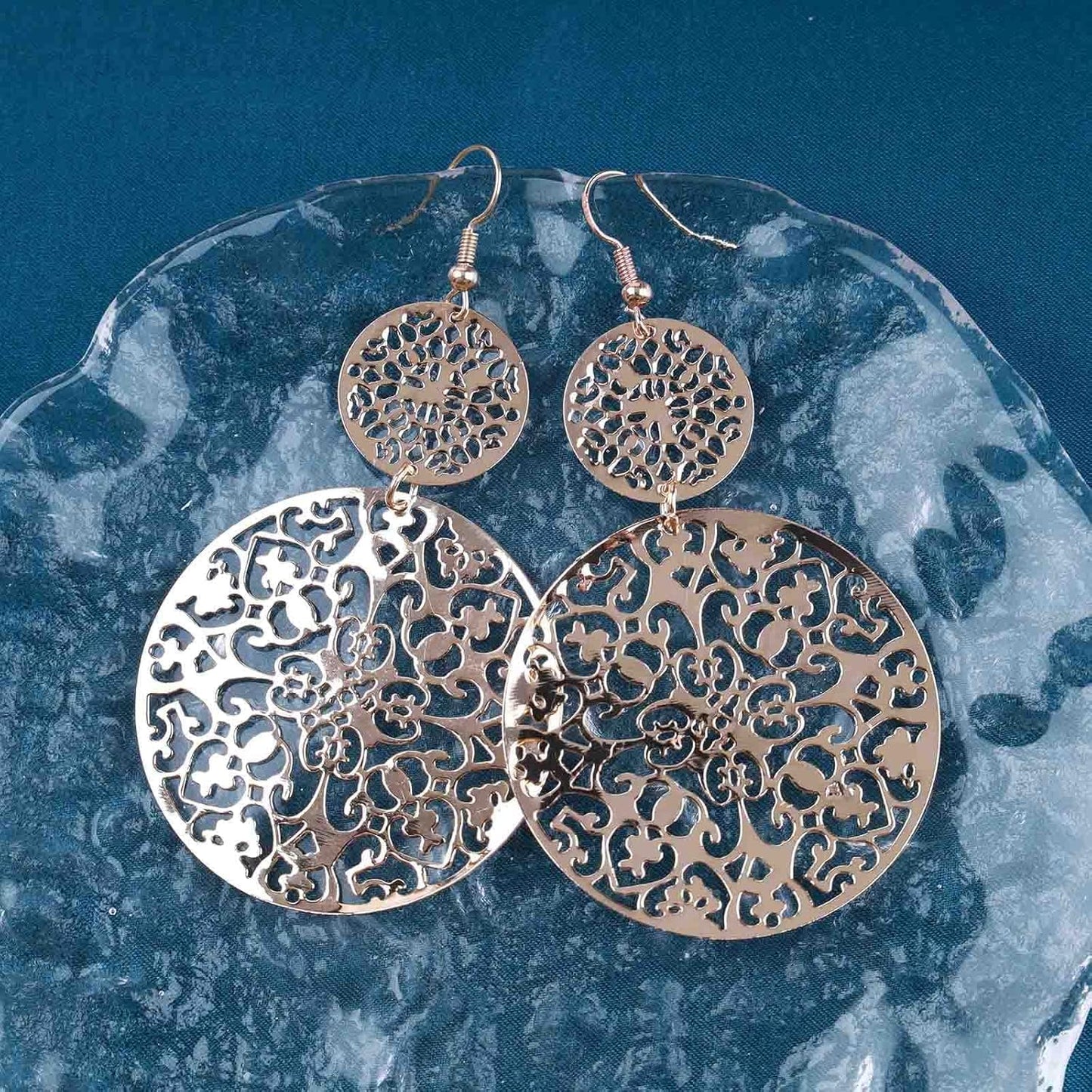 Filigree Hollow Disc Dangle Drop Earrings Boho Gold Ethnic Carved Flower Earrings Double Round Disc Drop Earrings Statement Hook Earrings Wedding Bridesmaid Jewelry for Women and Girls