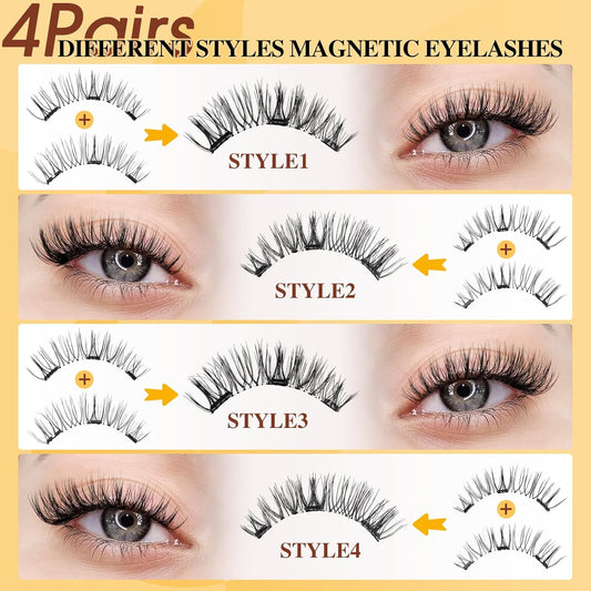 QUEWEL 4 Pairs Magnetic Eyelashes Natural Look, Reusable Magnetic Eyelashes with Applicator, No Glue Needed Lash Clusters Kit, Easy to Wear and Remove(4 Pairs-D)