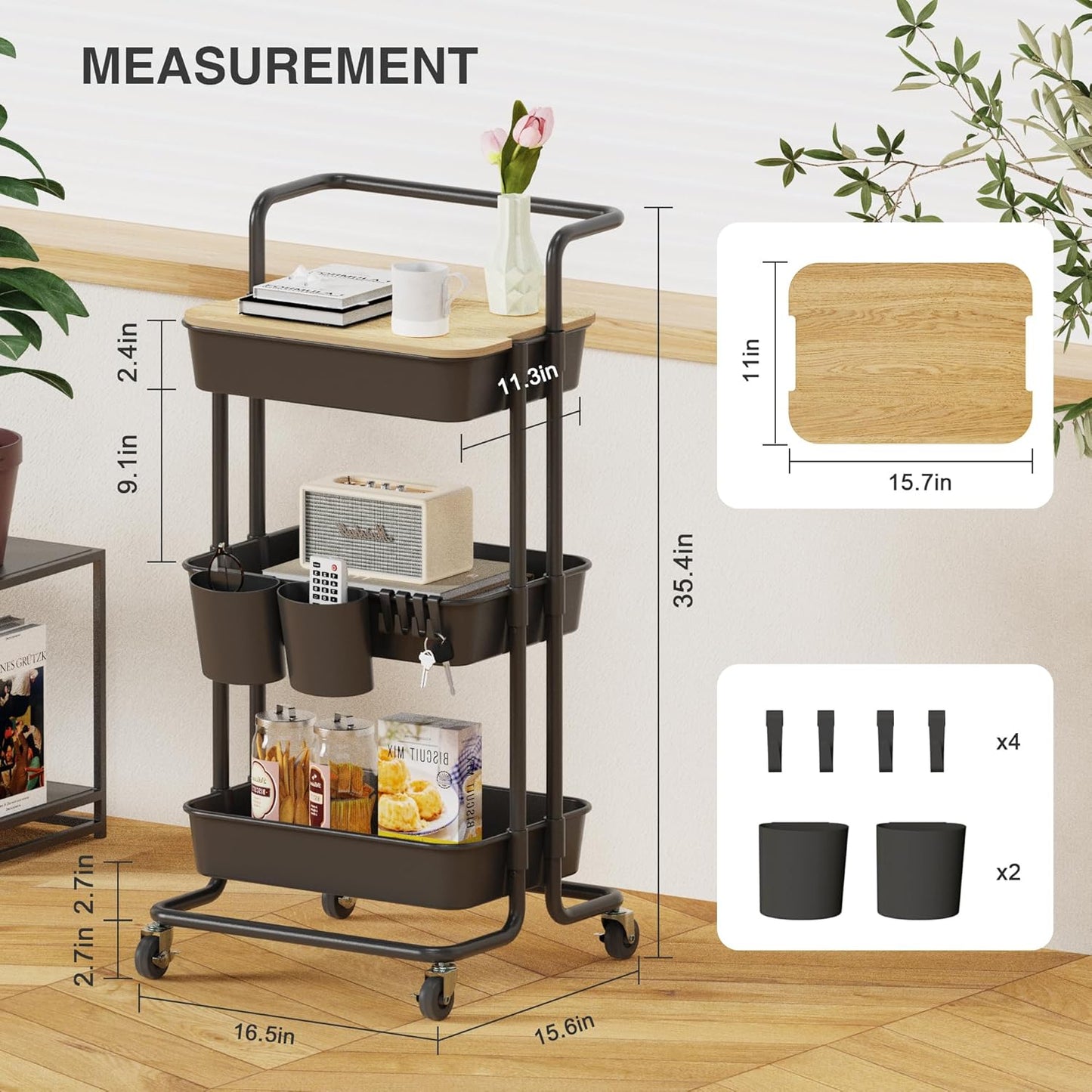 DTK 3 Tier Rolling Cart Uility Cart with Cover Board, Mobile Storage Cart with Wheels, Cups, Hooks for Office Utility Kitchen Bathroom Homeschool Art Craft Postpartum Teacher Cart Organizer(Black)