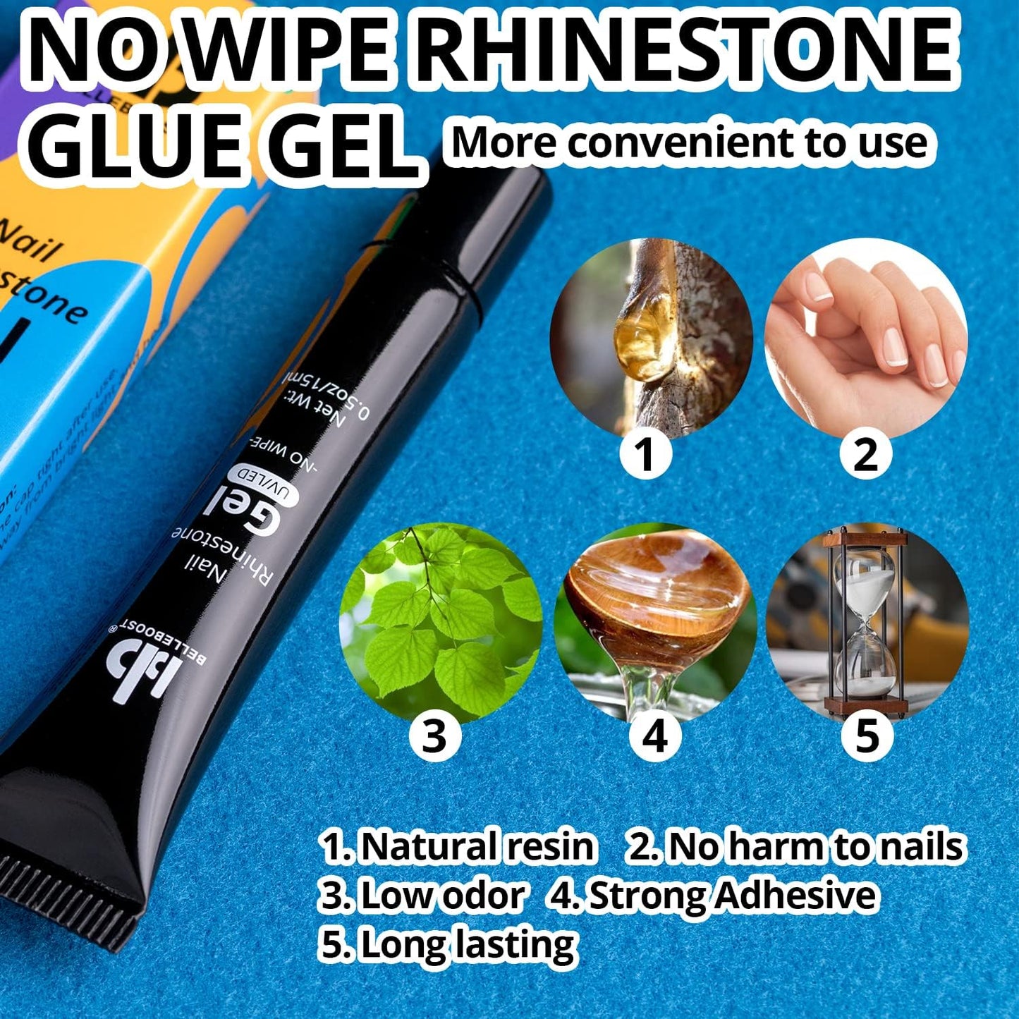 Nail Art Rhinestone Glue Gel&Flatback Gems Accessories Kit, 1 Tube of 15ml Rhinestone Gel Glue(UV/LED Needed)+1 Box of Flat-Back Round Glass Crystal Clear Gemstones with Pickup Pencil and Tweezer