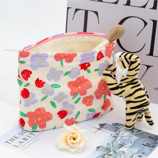 Floral Makeup Bag Large Cotton Zipper Pouch for Purse Travel Canvas Make Up Organizer for Women Cosmetic,Flower Pink