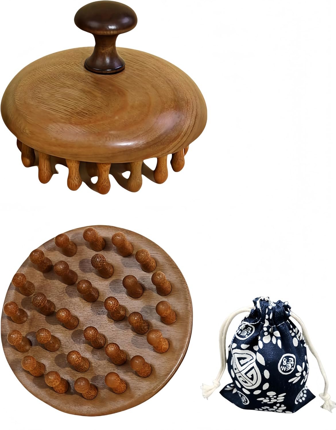 Sandalwood Scalp Massager | Manual Gua Sha Brush for Scalp Care & Relaxation | Portable Wooden Massager with Gift Pouch for Hair Growth & Stress Relief