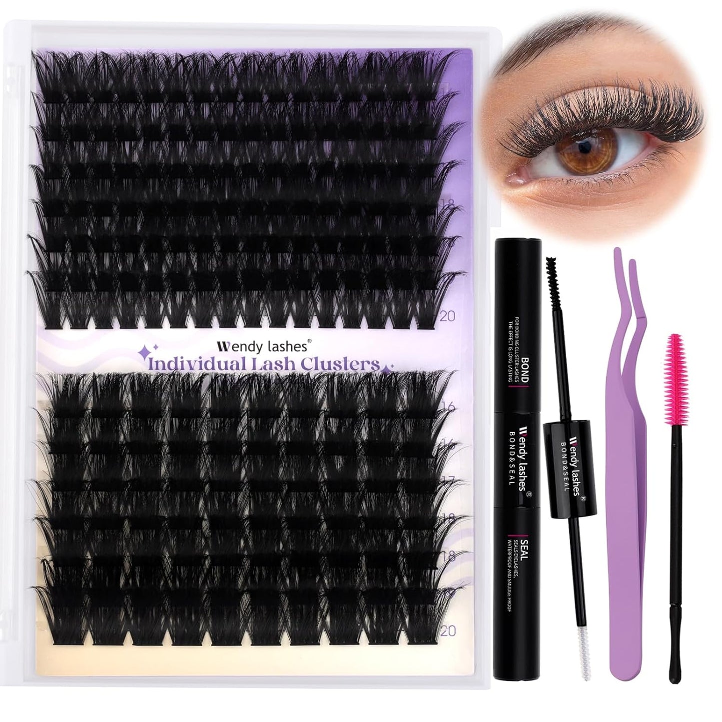 Lash Clusters Kit for Using at Home: Ultra-light, DIY, Natural, Fluffy, Wispy, Waterproof, Anime, Manga, Cat Eye, C Curl, 16-20mm, 100P+200P, Wendy, RT318