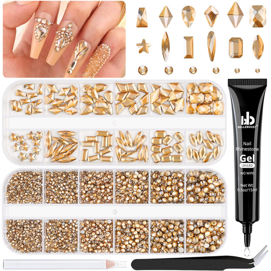 3220Pcs Champagne Gold Glass Nail Rhinestones 120Pcs Multi Shapes Flatback Nail Gems +3100Pcs 1.5-4mm Round Crystal with Rhinestones Glue Gel, Manicure Nail Charms Diamond Gemstone for Nail Art