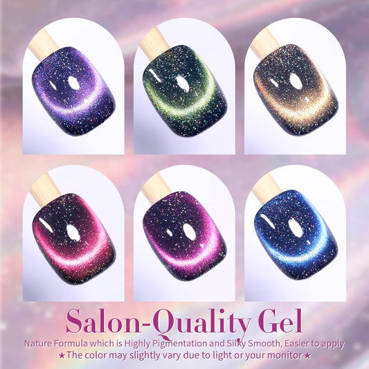 Born Pretty 9D Magnetic Gel Nail Polish Reflective Glitter Gel Polish Holographic Colorful Cat Magnetic Gel Polish Set 7ML 6PCS