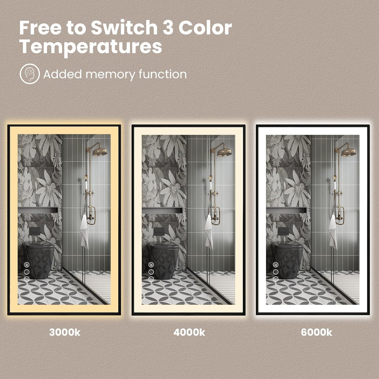 Amorho 48"x 32" LED Bathroom Mirror with Black Frame, Front Light and Backlit(Controlled Separately), Stepless Dimmable, Anti-Fog, Shatter-Proof, 3 Colors, Memory