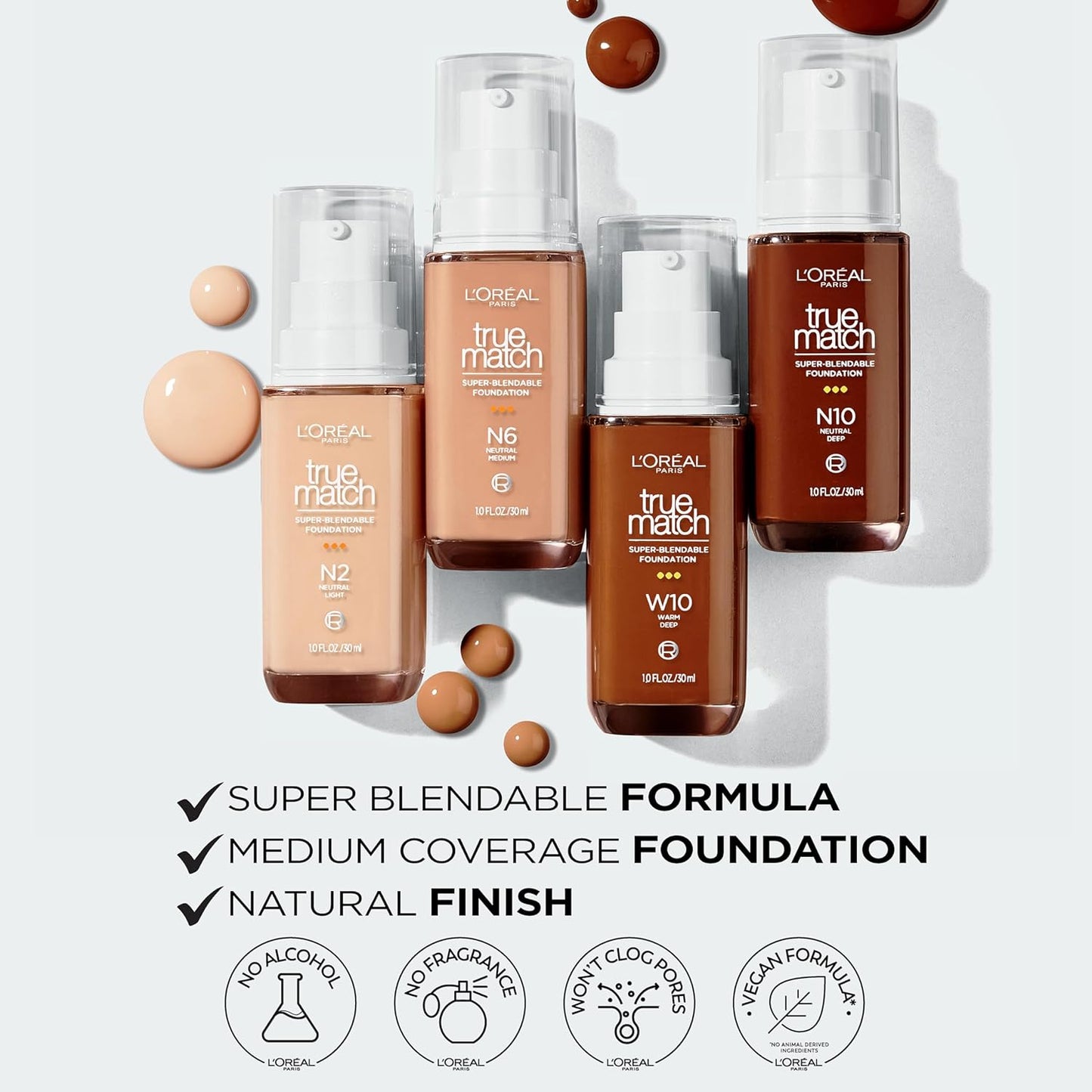 L'Oreal Paris True Match Super-Blendable Foundation, Medium Coverage Liquid Foundation Makeup, C8, Medium Deep, 1 Fl Oz