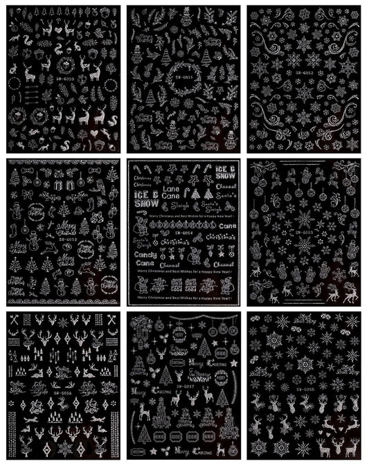 JMEOWIO 9 Sheets Christmas Glitter Nail Art Stickers Decals Self-Adhesive Snowflake Winter Holiday Silver Nail Supplies Nail Art Design Decoration Accessories