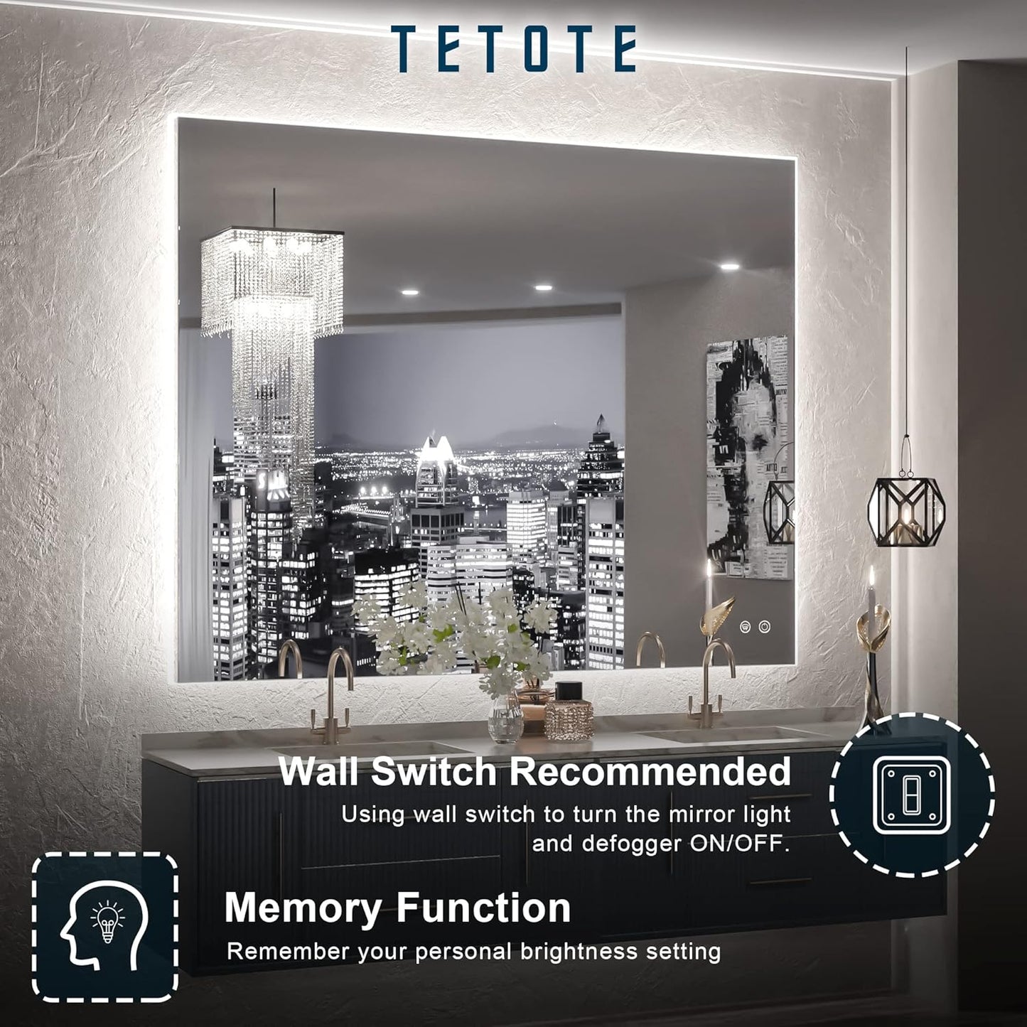 TETOTE 40 x 32 LED Backlit Bathroom Mirror with Light,3Color White/Warm/Natural,Anti-Fog Lighted Mirror,Dimmable,Vanity Mirror,Wall Mounted