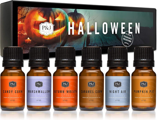 P&J Fragrance Oil Halloween Set | Autumn Wreath, Pumpkin Pie, Candy Corn, Marshmallow, Night Air, and Caramel Corn Candle Freshie Scent for Candle Making, Soap Making Supplies