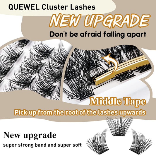 QUEWEL Cluster Lashes 144 Pcs Wide Stem Individual Lashes C/D Curl 8-16mm Length DIY Eyelash Extension False Eyelashes Natural&Mega Styles Soft for Personal Makeup Use at Home (Mega-D-MIX-144 Pcs)