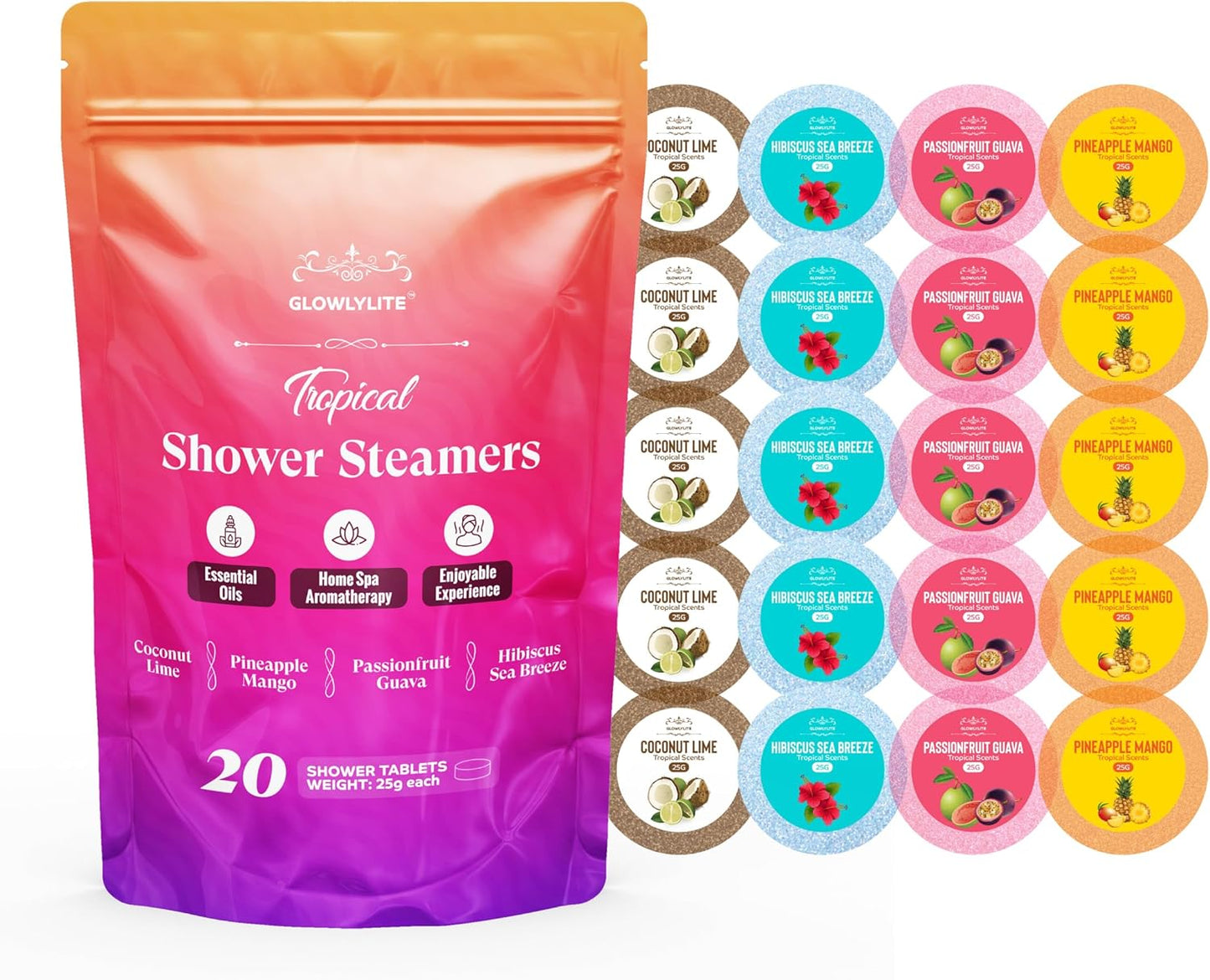 Shower Steamers Aromatherapy | 20 Pack Shower Steamers for Women & Men, Essential Oils for Stress Relief, Self Care, Gifts for Mom, Birthday, Stocking Stuffers & Christmas (Tropical)