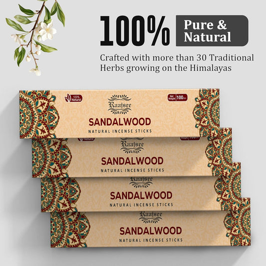 Raajsee Sandalwood Incense Sticks (180 gm), 100% Pure Organic Natural Hand Rolled Free from Chemicals - Sandalwood Incense Perfect for Aromatherapy, Cleansing, Meditation, and Church (Pack of 12)