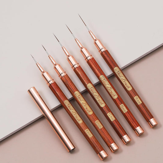 Wooden Nail Art Brushes, 5Pcs Nail Art Liner Brushes, Painting Art Design Brush Set Nail Dotting Drawing Tool for Long Lines, Thin Details, Fine Drawing Sizes 6/9/12/15/18mm, Rose gold