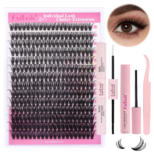 FADLASH Lash Extension DIY Kit Lash Clusters D Curl Cluster Lashes with Lash Bond and Seal Cluster Lashes Glue Remover Lash Tweezers for DIY Eyelash Extension at Home（Kit 50D-0.07D-12-18MIX）, black