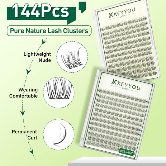 KEYYOU Natural Lash Clusters Wispy Eyelash Clusters 144 pcs Cluster Eyelash Extensions D Curl Individual Lashes 10-12MIX Mix Length Light and Natural Lashes Look with Thin Lash Band(N05-D-10-12MIX)