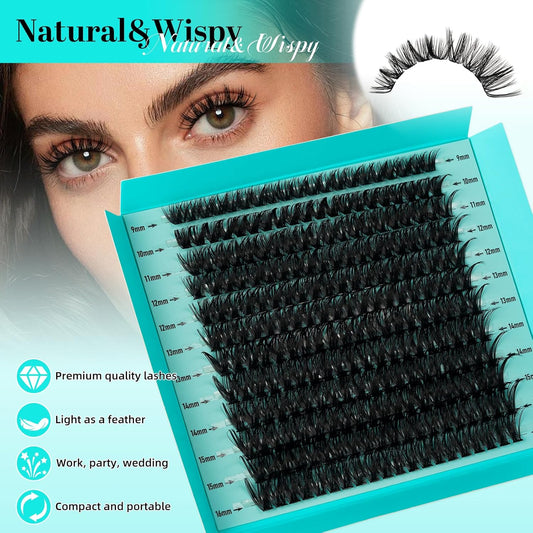 Lash Clusters 240pcs Eyelashes Cluster Individual Wispy Lashes Thin Band for D Curl Lash Extension Eyelashes for Beginners at Home,False Eyelashes Soft Eyelash Clusters(60D,D-Mix9-16mm)
