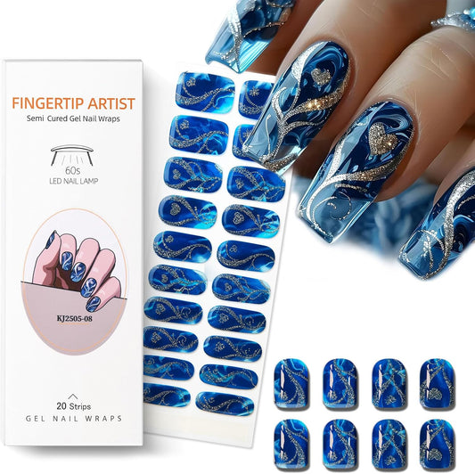 Semi Cured Gel Nail Strips with Gold Heart Designs Blue Gel Nail Strips Glossy Stickers Salon Quality & Easy to Use for Women 20 Pcs