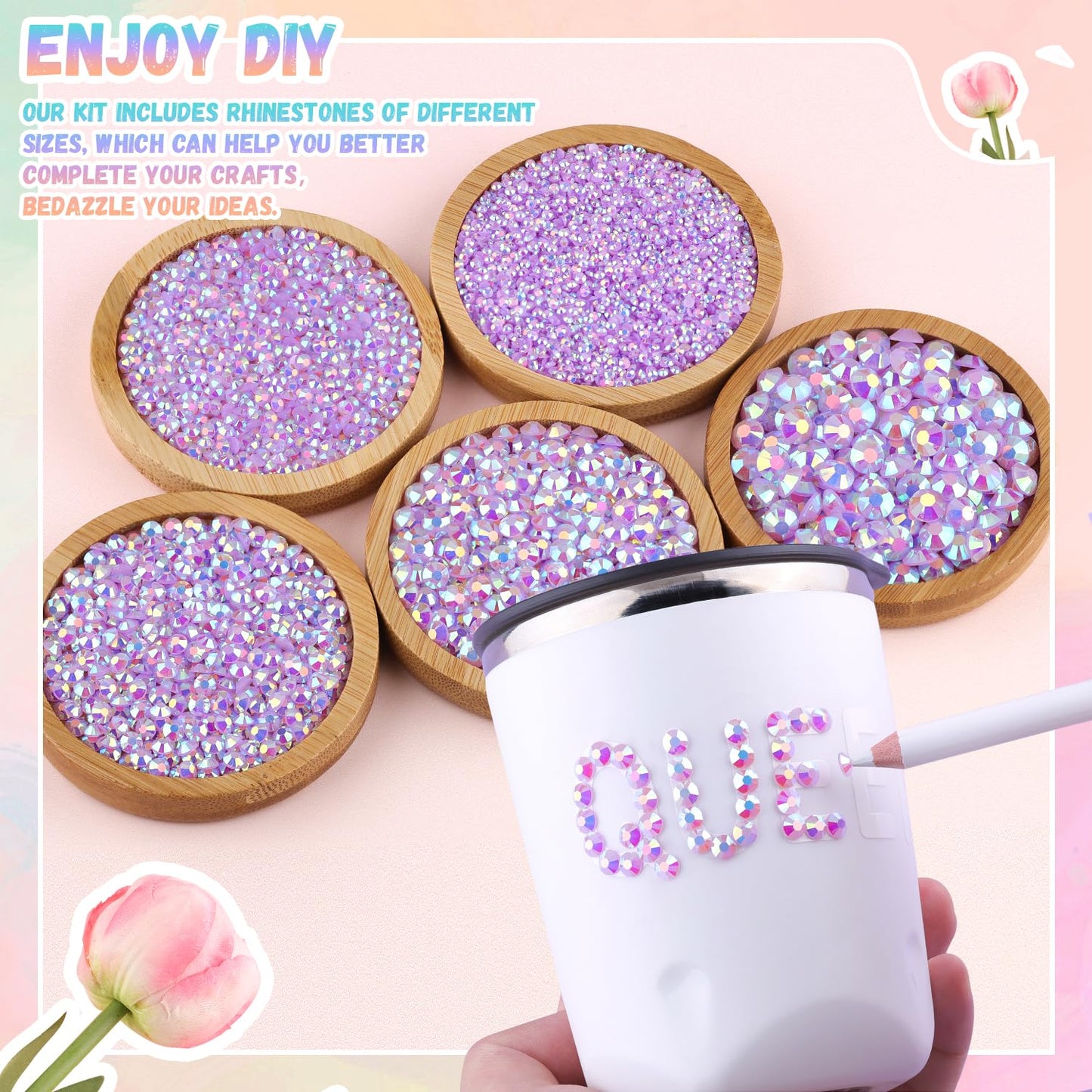 25000Pcs Resin Rhinestones with B7000 Jewelry Glue for Crafting, Lavender Purple AB 2-6mm Non Hotfix Flatback Gems, Bedazzling Crystal for DIY Crafts Clothing Tumblers Mugs Shoes Fabric Decor Nail Art