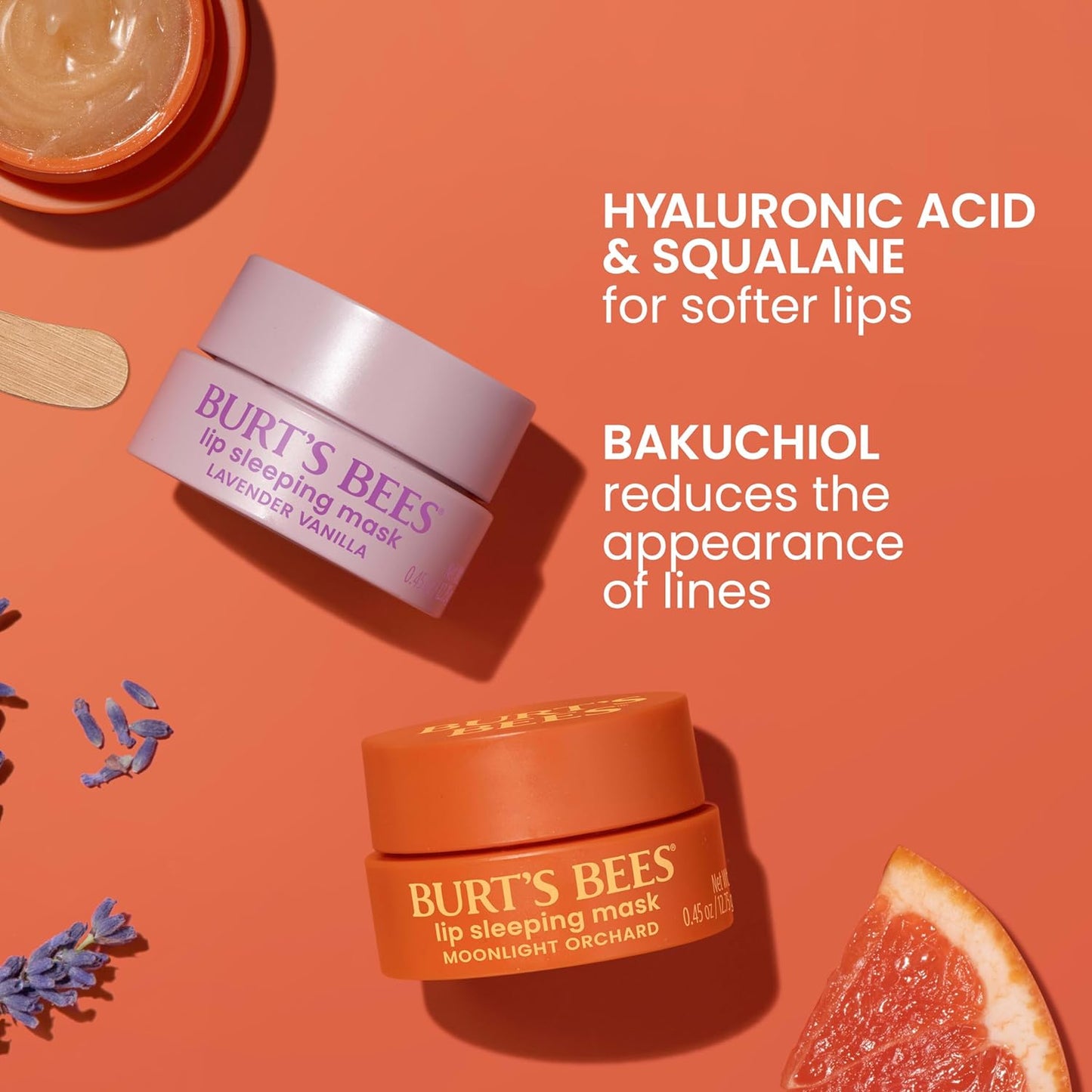 Burt’s Bees Lavender Vanilla Lip Sleeping Mask, With Hyaluronic Acid and Squalane Moisturizer To Instantly Hydrate Lips, Overnight Mask and Treatment, 0.45 oz.