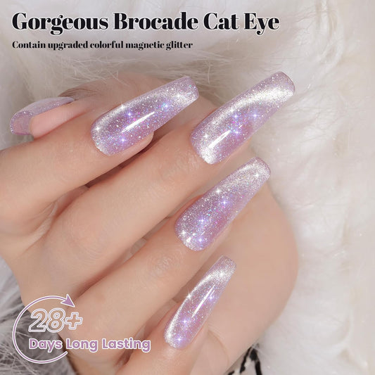 YTD Likomey Cat Eye Gel Nail Polish,15ml Pastel Pink Purple Brocade Glitter Flash Holographic Translucent Jelly Sheer Magnetic Shimmer Fall Winter UV Color Varnish with Magnet Stick,MY363